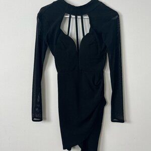 Selfie Leslie Strappy Cinched Bodycon Mini Long Sleeve Black Dress XS